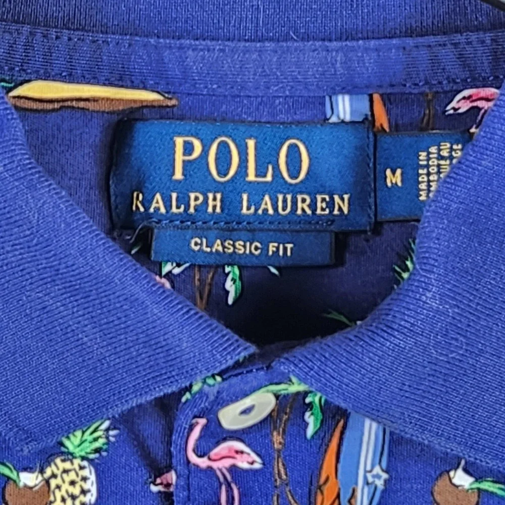 Polo Ralph Lauren Polo Shirt Mens Medium Blue Flamingo Tropical Print Beach